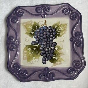 Tabletops Merlot Grapes 8" Embossed Scroll Square Plate Handpainted Retired Good